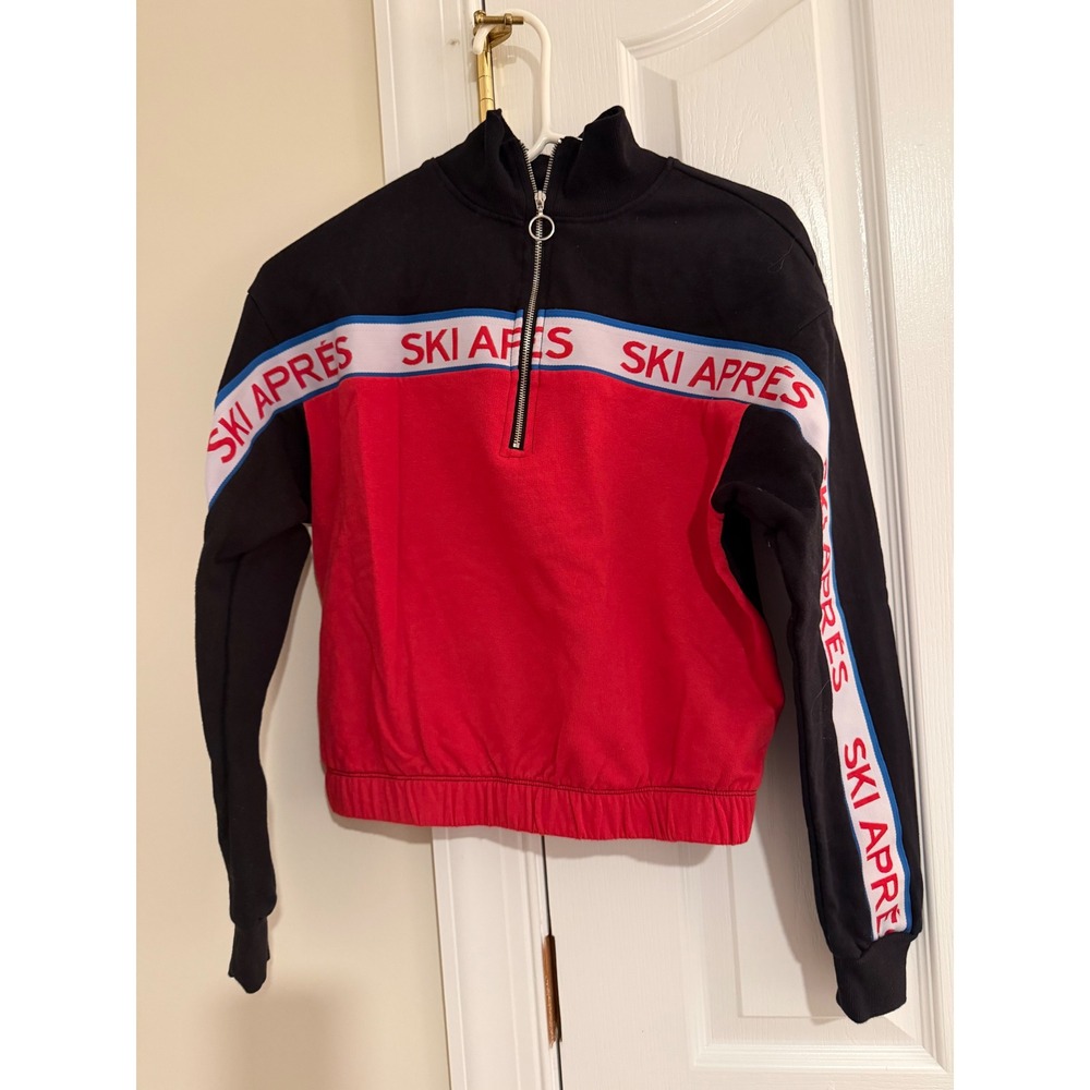 Well Worn Ski Apres Quarter Zip Cropped Sweatshirt Black Red Womens Medium
